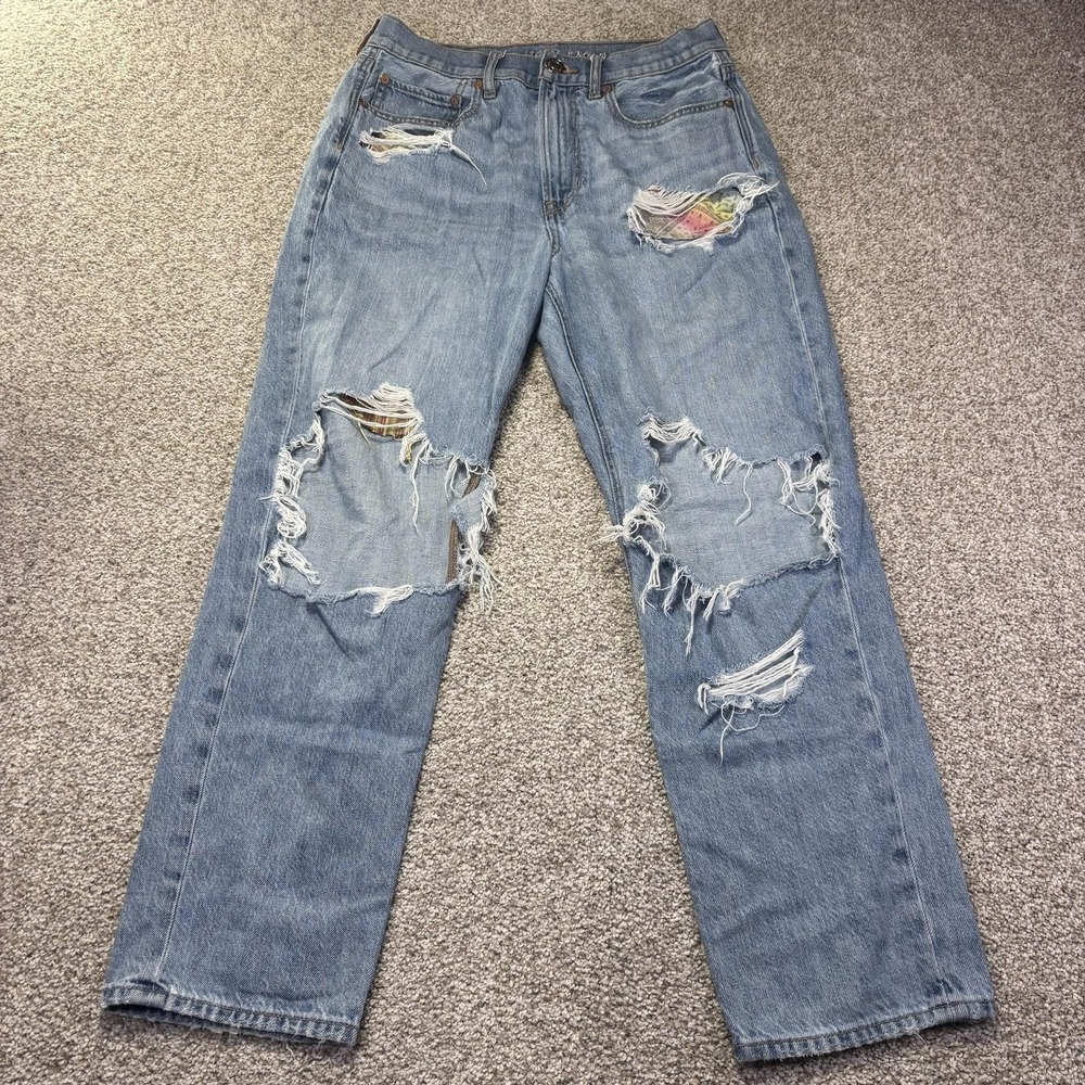 American Eagle 90s Boyfriend Jeans Womens 8 Light Wash Distressed Bandana Patch